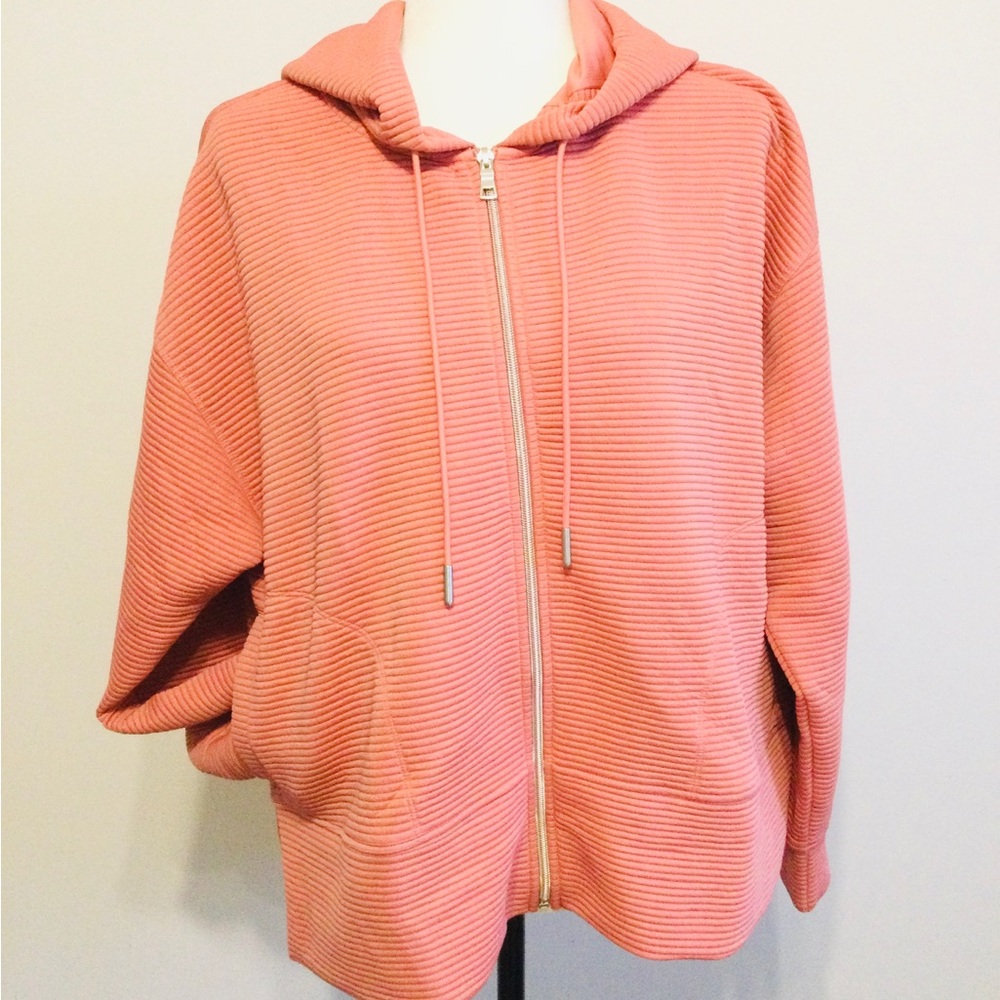 DKNY Spandex Textured Ribbed Zip Hoodie - Coral Pink Women’s Sz. XL NWOT